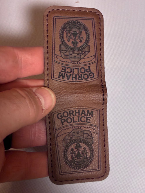 Custom brown wallet clip / 1 3/4" x 2 1/2" Rustic/Gold Laserable Leatherette Money Clip