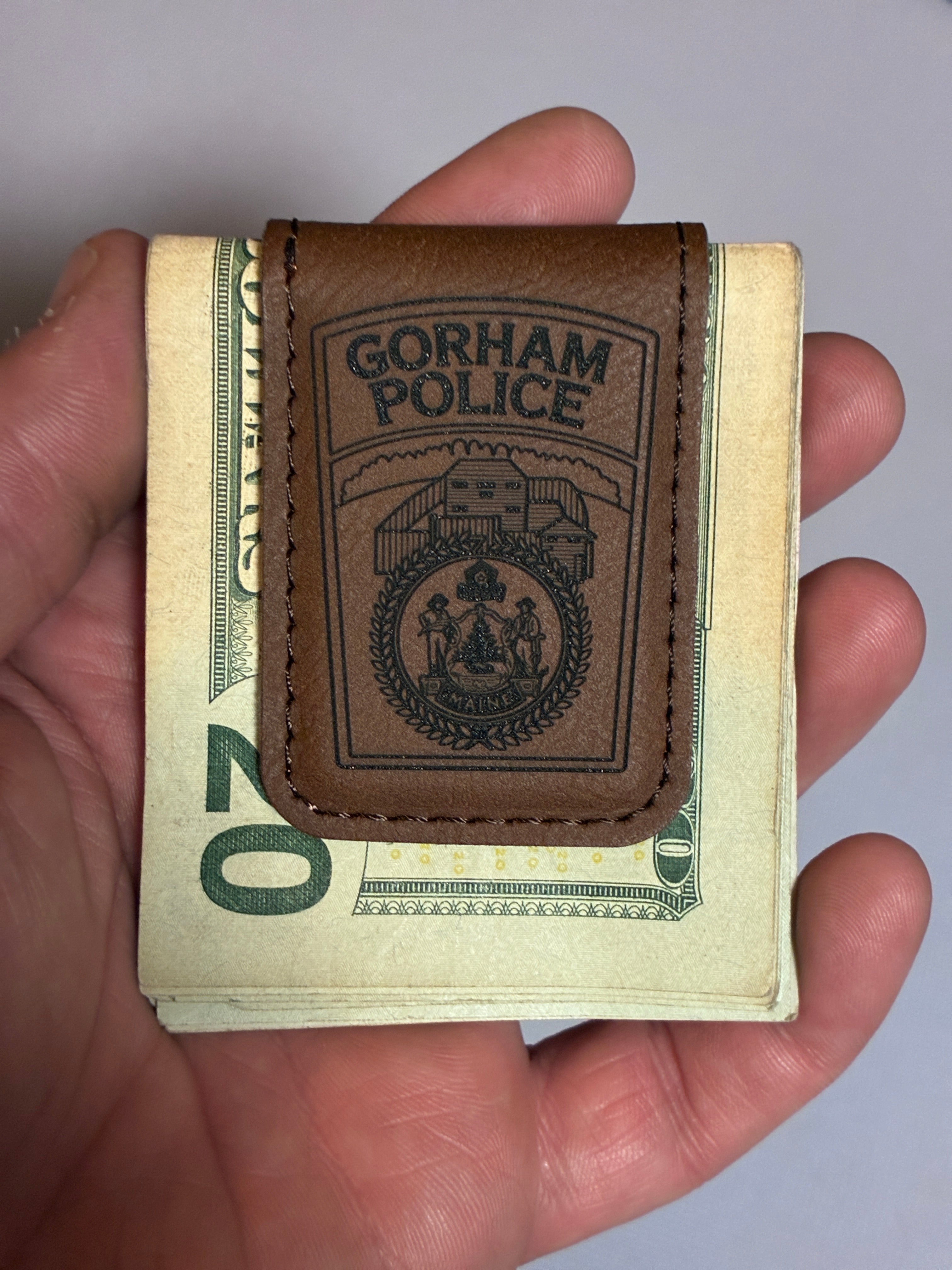 Custom brown wallet clip / 1 3/4" x 2 1/2" Rustic/Gold Laserable Leatherette Money Clip